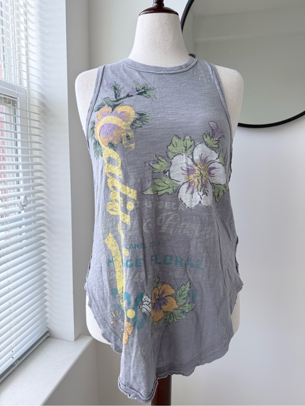 Free People Gray Floral Muscle Tank with Yellow & Green Accents